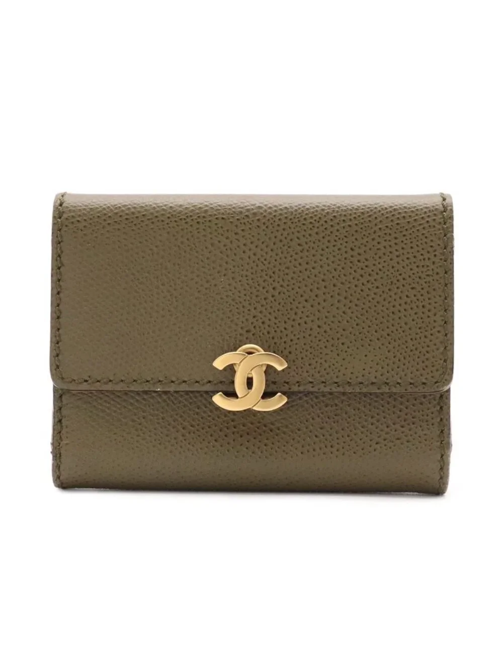 Chanel CC Logo Card Case 3 Folding Wallet Trifold Caviar Leather Khaki Green